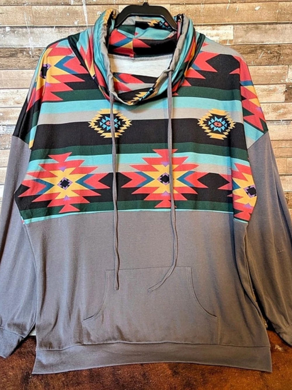 Unbranded Gray Sweatshirt With Aztec And Cowl Neck W Ties